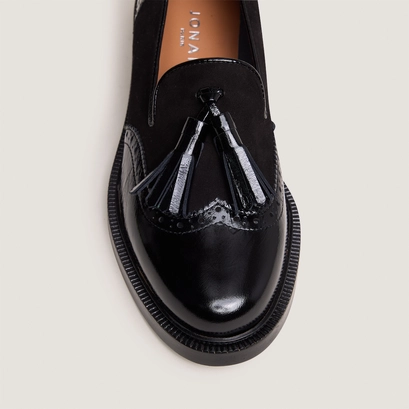 Mocassins &agrave; pampilles en cuir brillant noir et velours noir | DARTHUR | Jonak