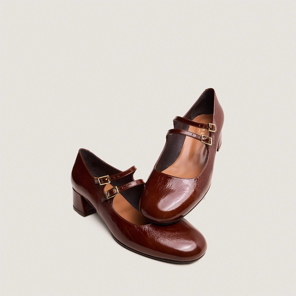 Babies à doubles brides en cuir brillant marron | DUNY | Jonak