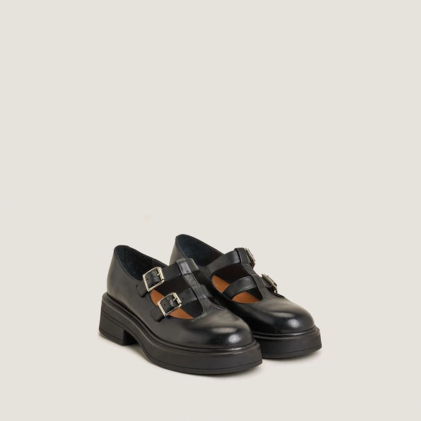 Babies à doubles brides et plateformes en cuir noir | DURSULA | Jonak