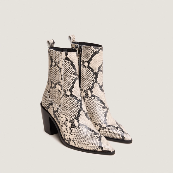 Bottines &agrave; talons et fronces en cuir reptile noir et blanc | BASAMA | Jonak