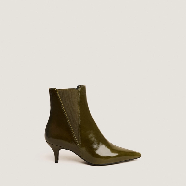 Bottines &agrave; talons fins et bouts pointus en cuir brillant kaki | BORGIA | Jonak