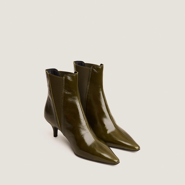 Bottines &agrave; talons fins et bouts pointus en cuir brillant kaki | BORGIA | Jonak