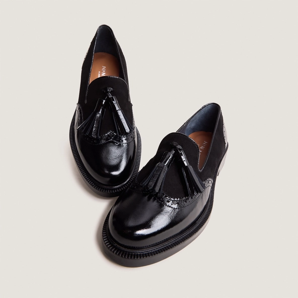 Mocassins à pampilles en cuir brillant noir et velours noir | DARTHUR | Jonak