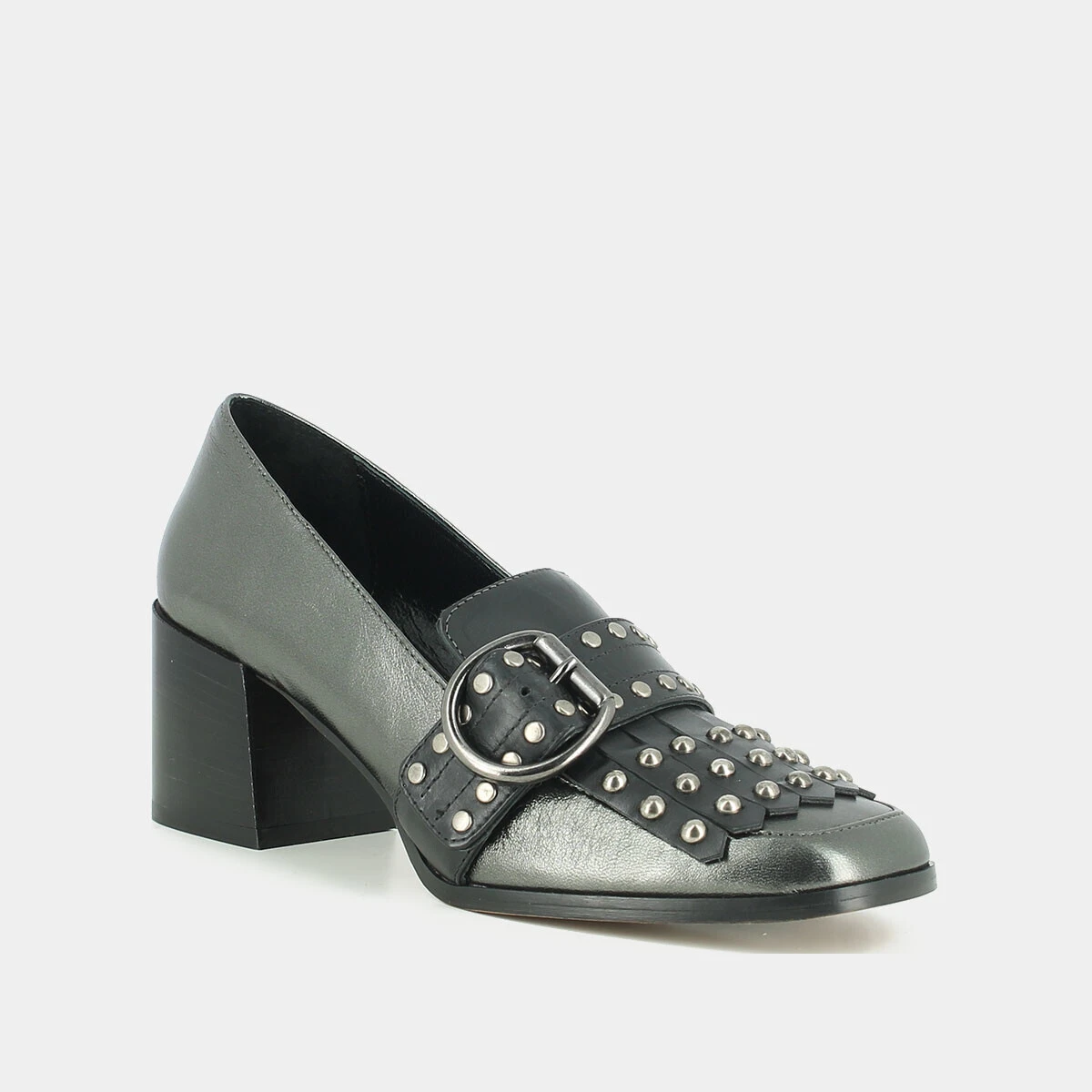Mocassins à talons et pattes frangées et cabochons en cuir métallisé acier | CHACHOU | Jonak