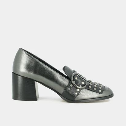 Mocassins à talons et pattes frangées acier/noir