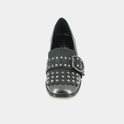 Mocassins à talons et pattes frangées acier/noir