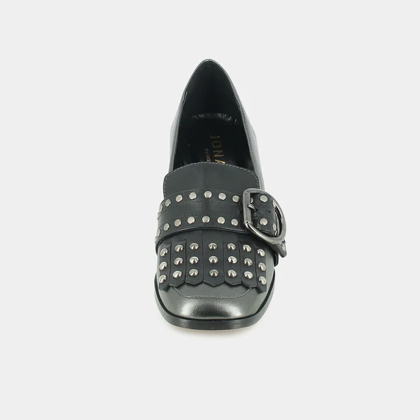 Mocassins à talons et pattes frangées et cabochons en cuir métallisé acier | CHACHOU | Jonak