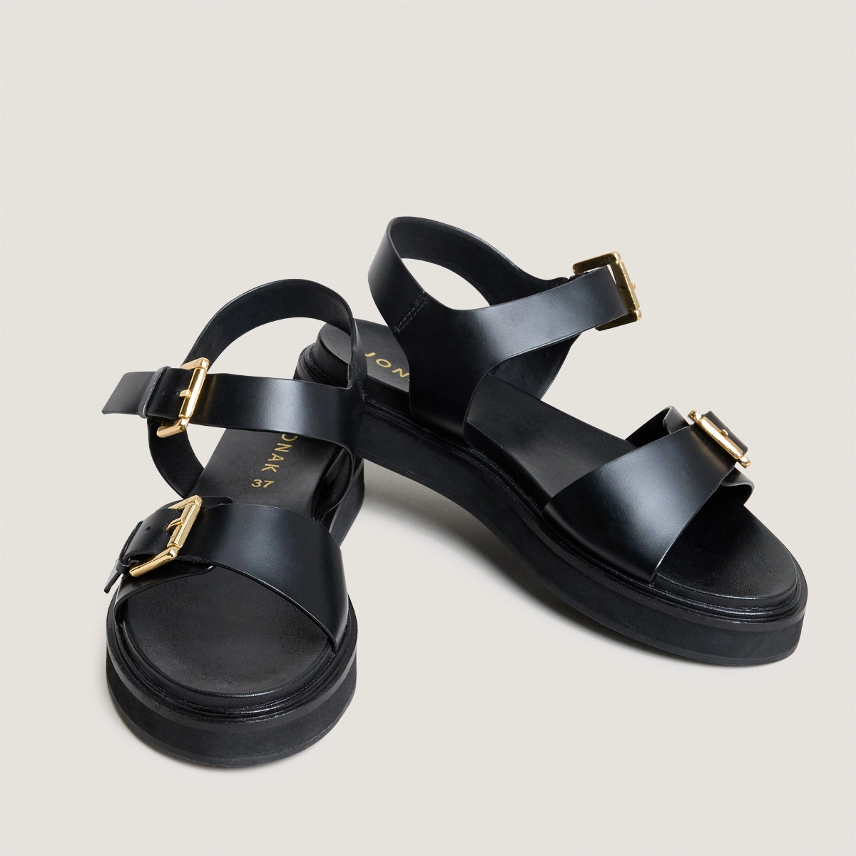 Sandales à doubles lanières en cuir noir | WAF | Jonak