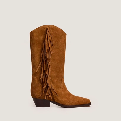 Bottes &agrave; franges et talons biseaut&eacute;s en cro&ucirc;te cognac | DEFRANGE | Jonak