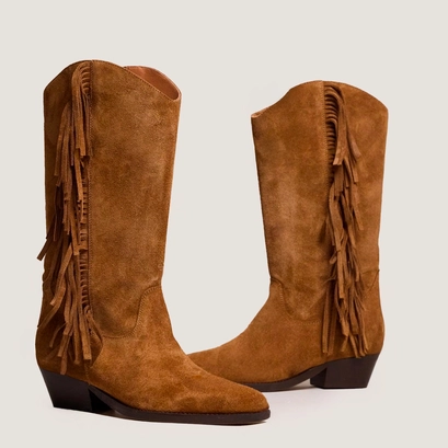 Bottes &agrave; franges et talons biseaut&eacute;s en cro&ucirc;te cognac | DEFRANGE | Jonak