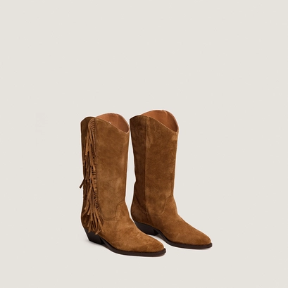 Bottes &agrave; franges et talons biseaut&eacute;s en cro&ucirc;te cognac | DEFRANGE | Jonak