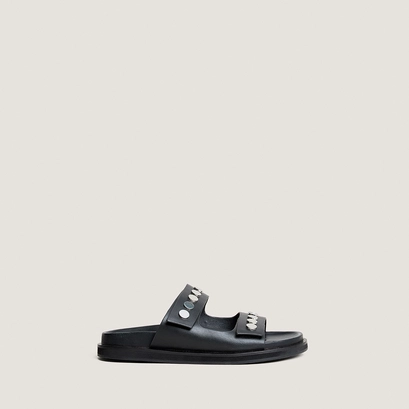 Mules &agrave; doubles lani&egrave;res en cuir noir | WALO | Jonak