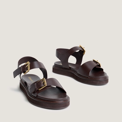 Sandales &agrave; doubles lani&egrave;res en cuir marron fonc&eacute; | WAF | Jonak