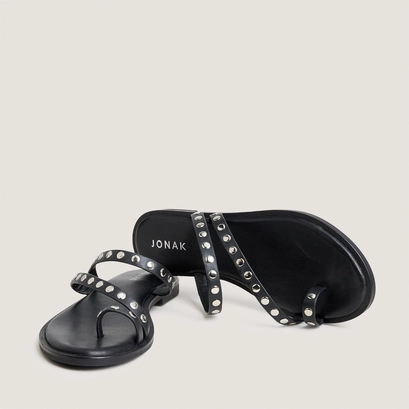 Sandales plates &agrave; fines brides en cuir noir | WICKET | Jonak