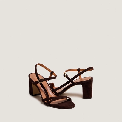 Sandales &agrave; talons et brides en velours marron | VICOMTE | Jonak