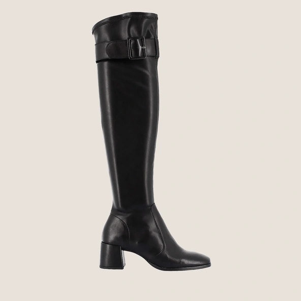 Bottes &agrave; talons et boucles en cuir noir et stretch noir | AUGUSTINE | Jonak