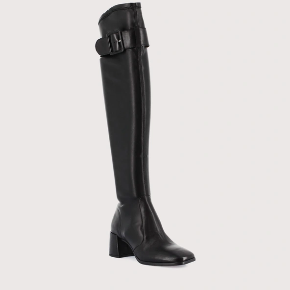 Bottes &agrave; talons et boucles en cuir noir et stretch noir | AUGUSTINE | Jonak
