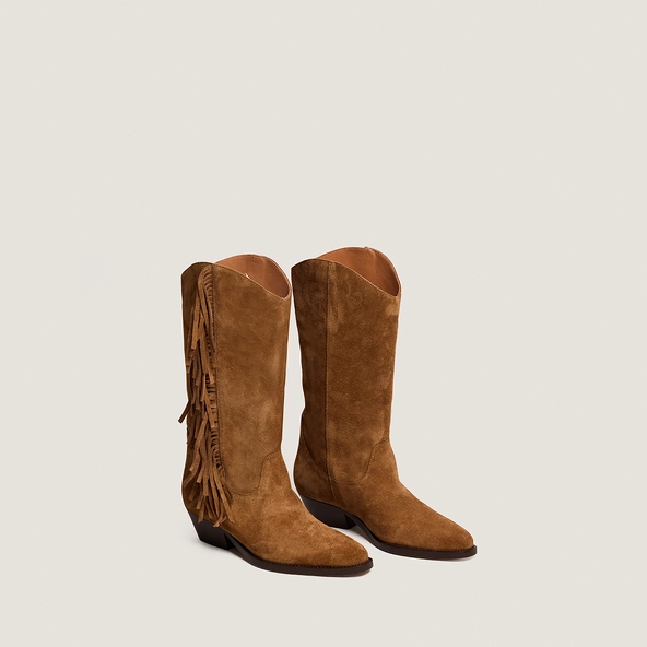 Bottes à franges et talons biseautés en croûte cognac | DEFRANGE | Jonak