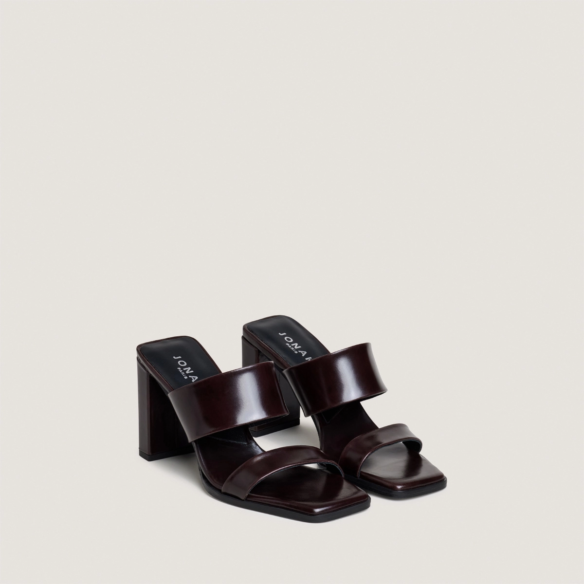 Mules à talons et doubles lanières en cuir marron foncé | BRITNEY | Jonak