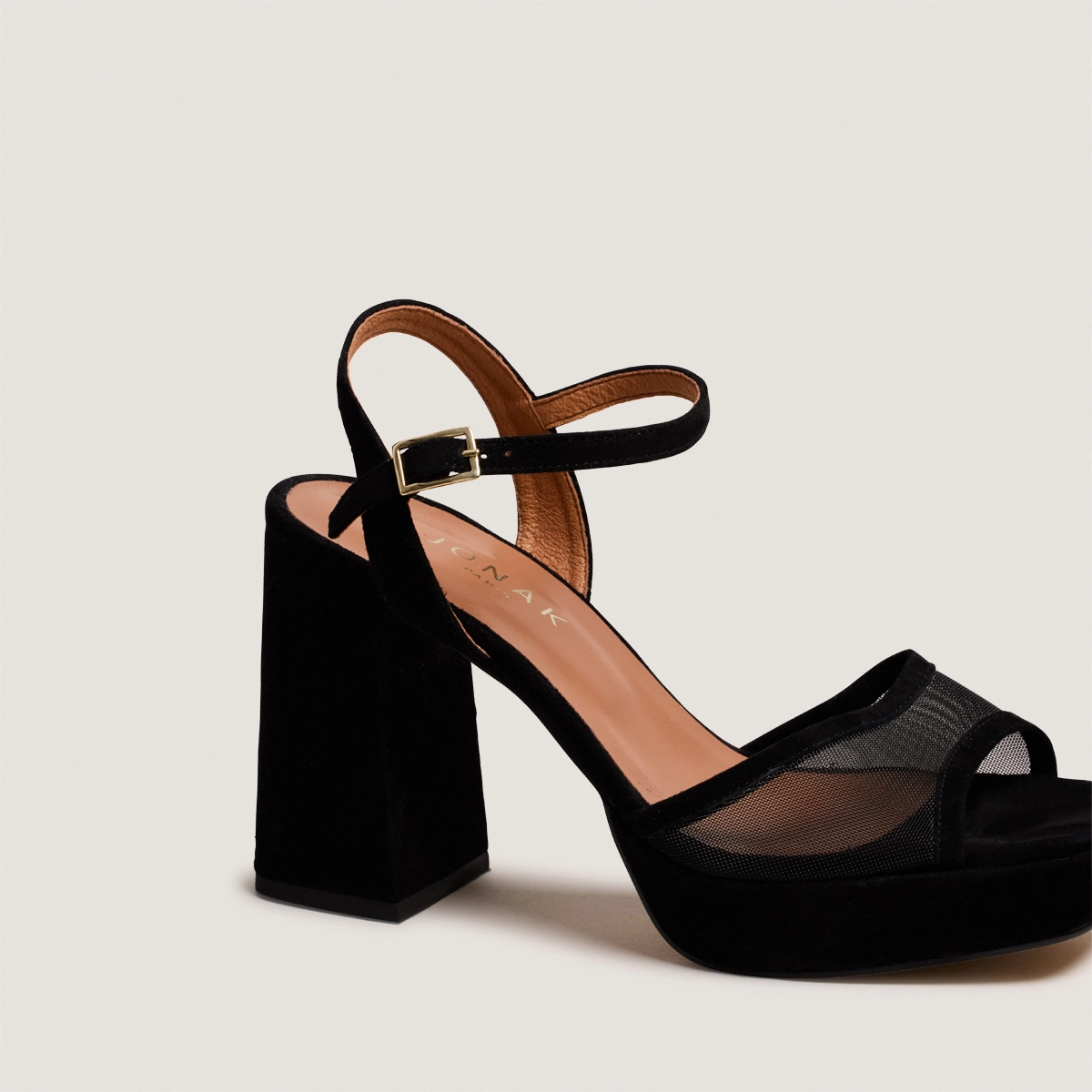 Sandales à talons hauts et plateformes en velours et résille noirs | VAPO | Jonak