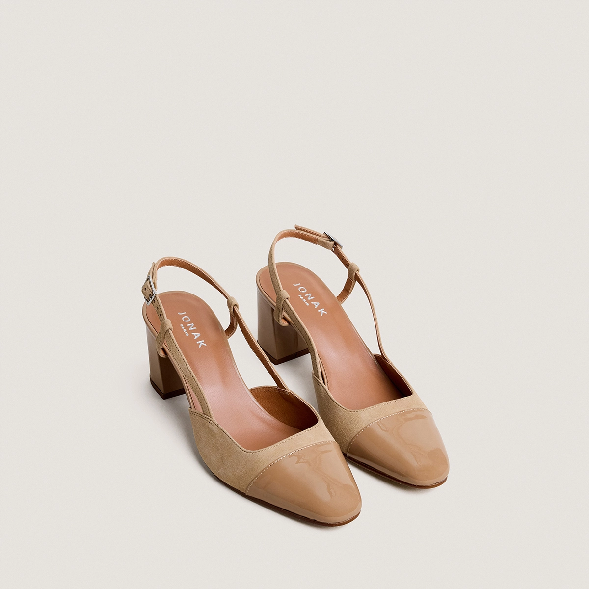Slingbacks à talons en vernis et velours camel | DHAPOP | Jonak