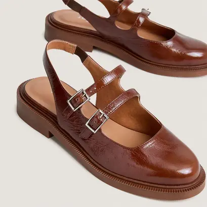 Ballerines &agrave; doubles brides et bouts arri&egrave;res ouverts en cuir brillant marron amande | DREAMER | Jonak