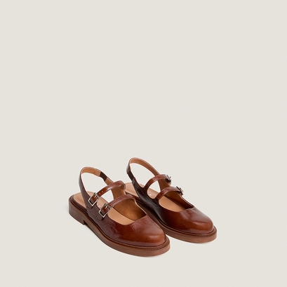 Ballerines &agrave; doubles brides et bouts arri&egrave;res ouverts en cuir brillant marron amande | DREAMER | Jonak
