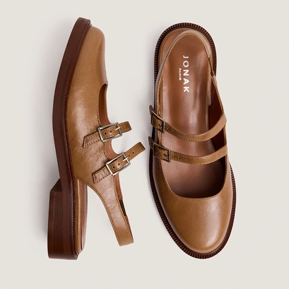 Ballerines &agrave; doubles brides et bouts arri&egrave;res ouverts en cuir vieilli beige | DREAMER | Jonak