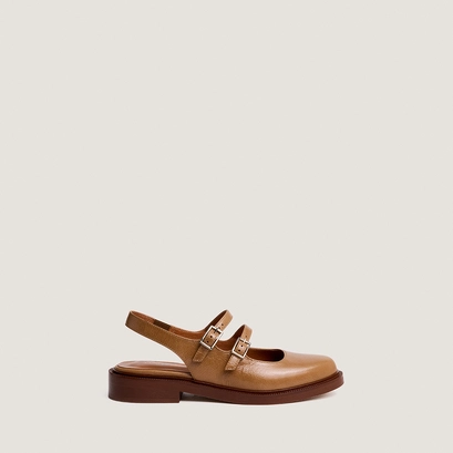 Ballerines &agrave; doubles brides et bouts arri&egrave;res ouverts en cuir vieilli beige | DREAMER | Jonak
