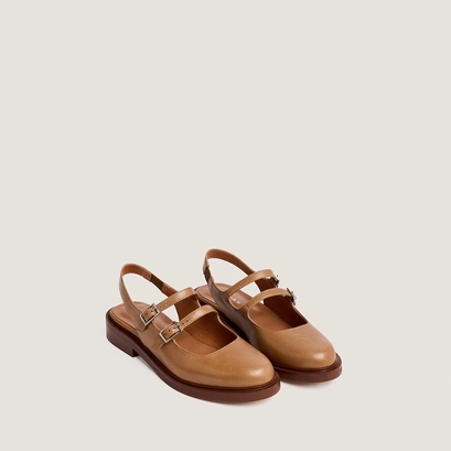 Ballerines &agrave; doubles brides et bouts arri&egrave;res ouverts en cuir vieilli beige | DREAMER | Jonak