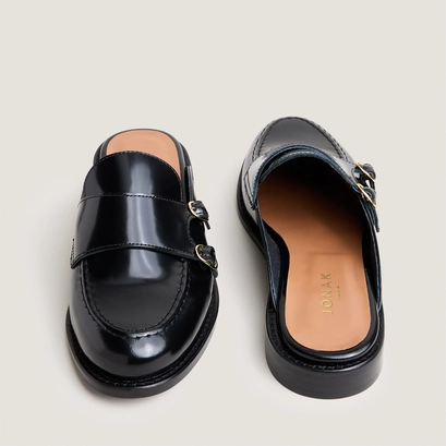 Mules &agrave; bouts ronds en cuir glac&eacute; noir | DISTANT | Jonak