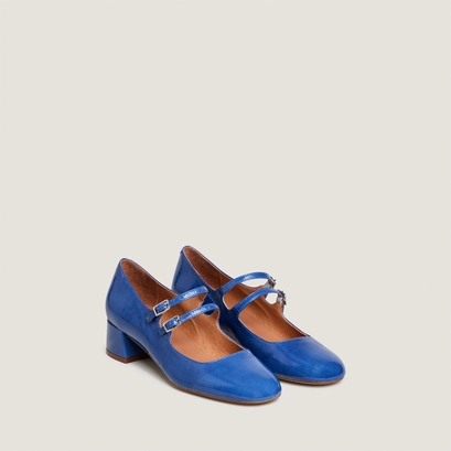 Babies &agrave; doubles brides en vernis pliss&eacute; bleu acier | DUNY | Jonak