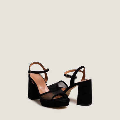 Sandales &agrave; talons hauts et plateformes en velours et r&eacute;sille noirs | VAPO | Jonak