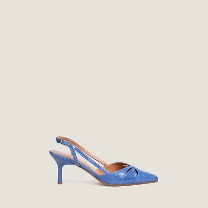 Escarpins slingbacks &agrave; bouts pointus en vernis pliss&eacute; bleu acier | DAMOUR | Jonak
