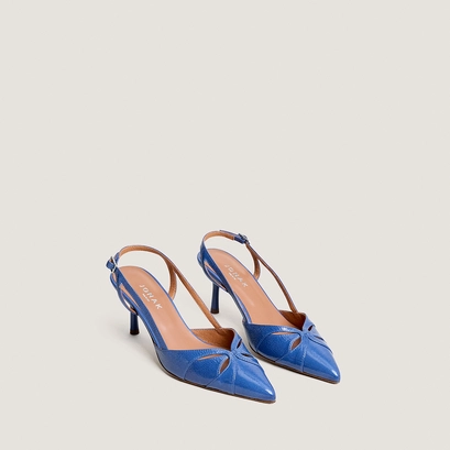 Escarpins slingbacks &agrave; bouts pointus en vernis pliss&eacute; bleu acier | DAMOUR | Jonak