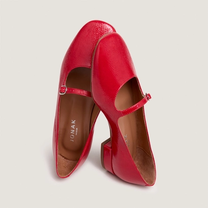 Ballerines &agrave; bouts carr&eacute;s en vernis pliss&eacute; rouge berry | DIV | Jonak