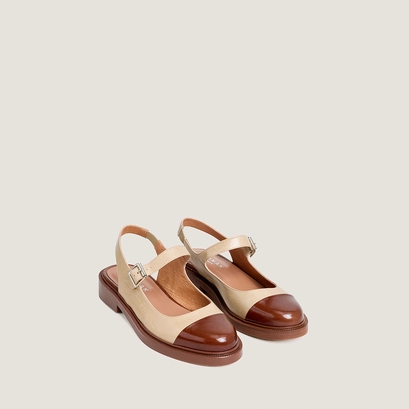 Ballerines &agrave; bouts arri&egrave;res ouverts en cuir brillant marron amande et cuir vieilli greige | DANKE | Jonak