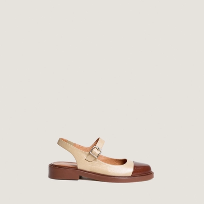 Ballerines &agrave; bouts arri&egrave;res ouverts en cuir brillant marron amande et cuir vieilli greige | DANKE | Jonak