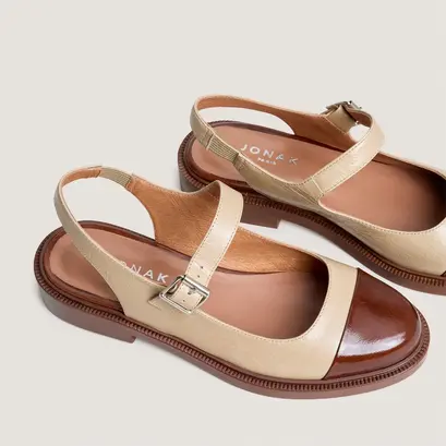 Ballerines &agrave; bouts arri&egrave;res ouverts en cuir brillant marron amande et cuir vieilli greige | DANKE | Jonak
