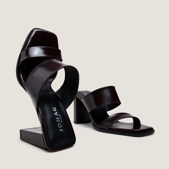 Mules à talons et doubles lanières en cuir marron foncé | BRITNEY | Jonak