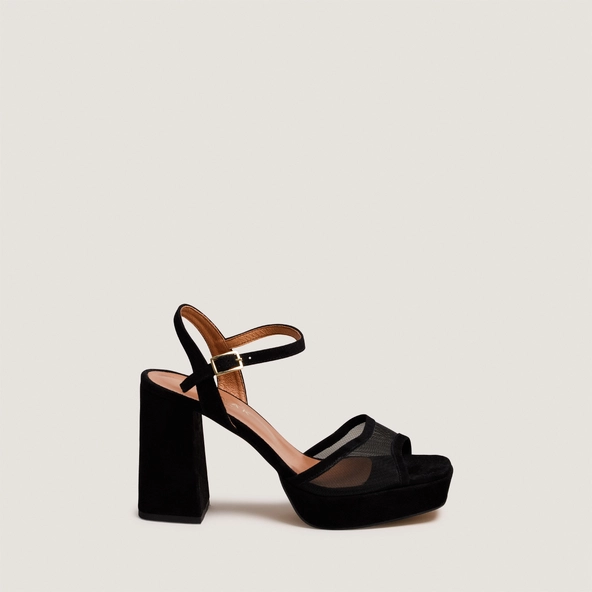 Sandales à talons hauts et plateformes en velours et résille noirs | VAPO | Jonak