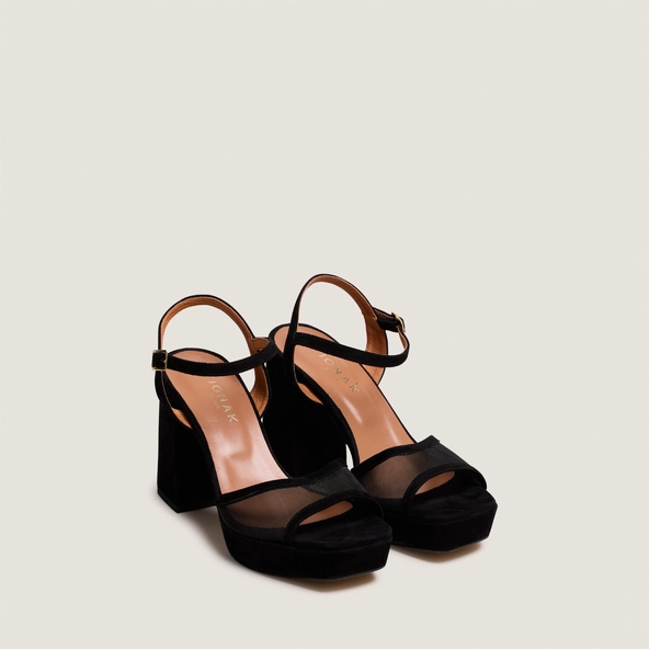Sandales à talons hauts et plateformes en velours et résille noirs | VAPO | Jonak