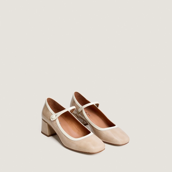 Babies à talons et bouts carrés en vernis beige et vernis écru | DONZAI | Jonak