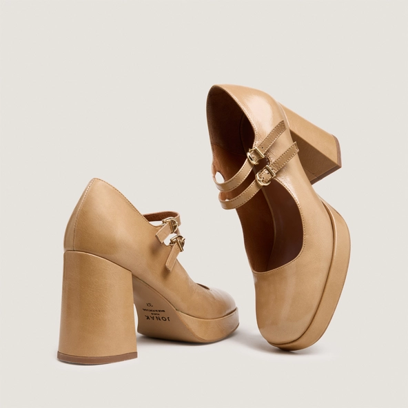 Babies à doubles brides et platerfomes en cuir brillant latte | VERITE | Jonak