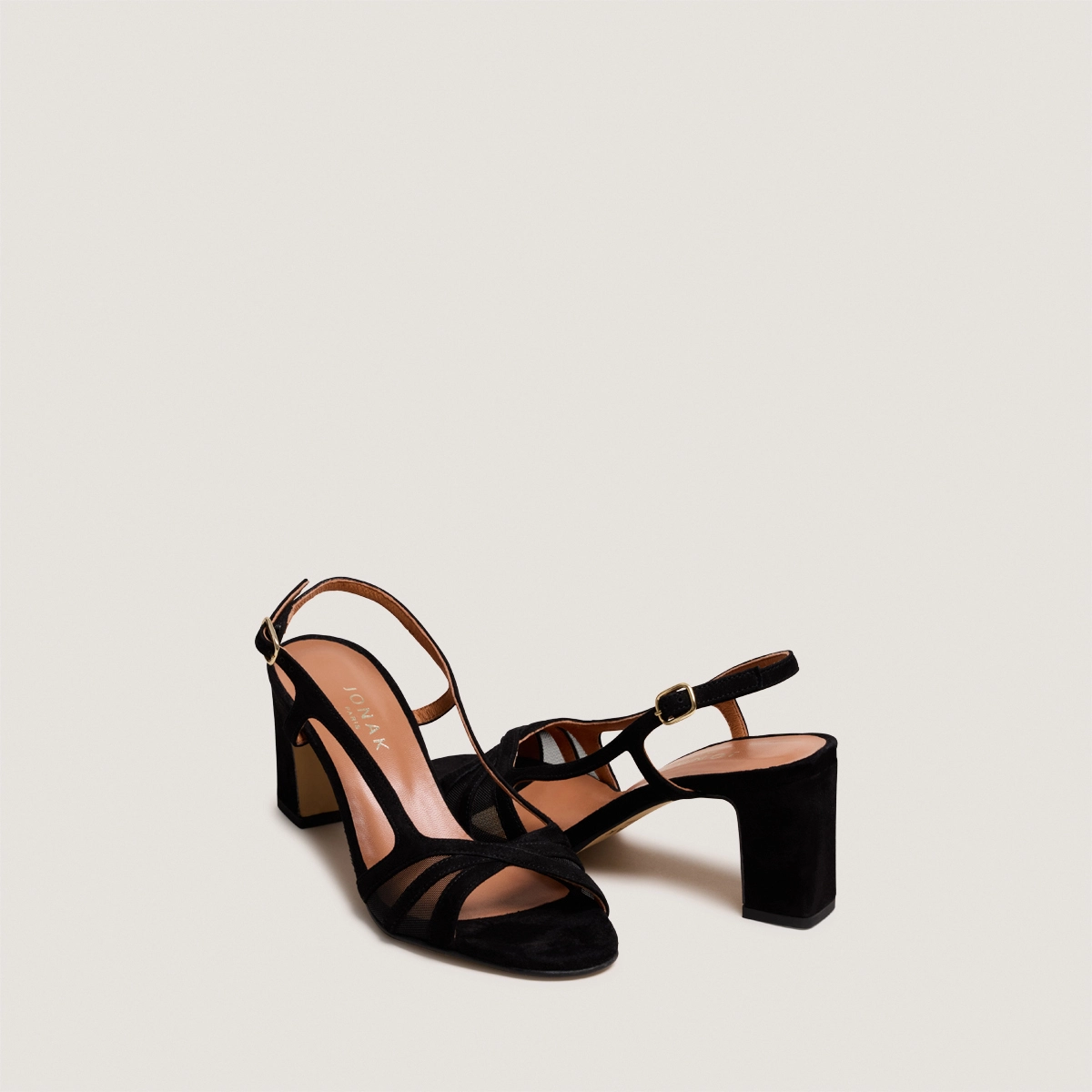 Sandales à talons en velours noir et résille noire | VAHINE | Jonak