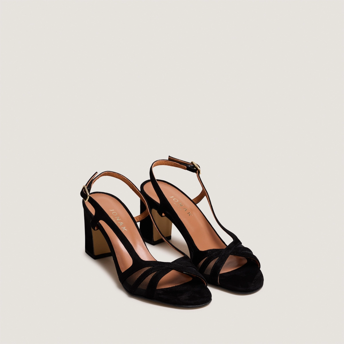 Sandales à talons en velours noir et résille noire | VAHINE | Jonak