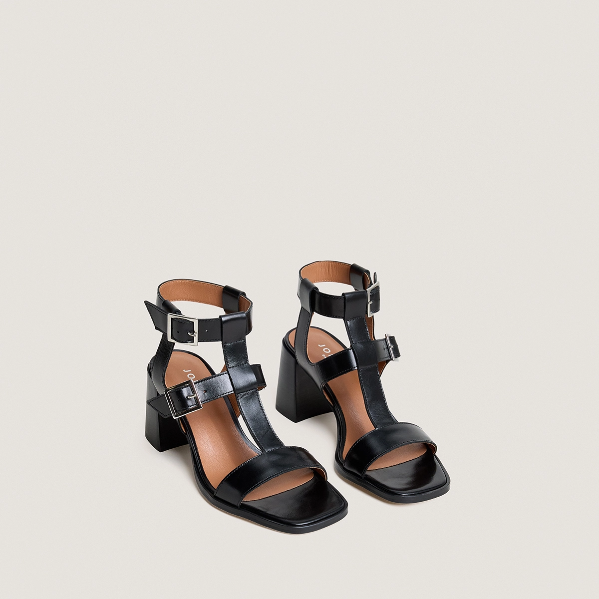 Sandales &agrave; talons et doubles brides ajustables en cuir noir | VALENCIA | Jonak