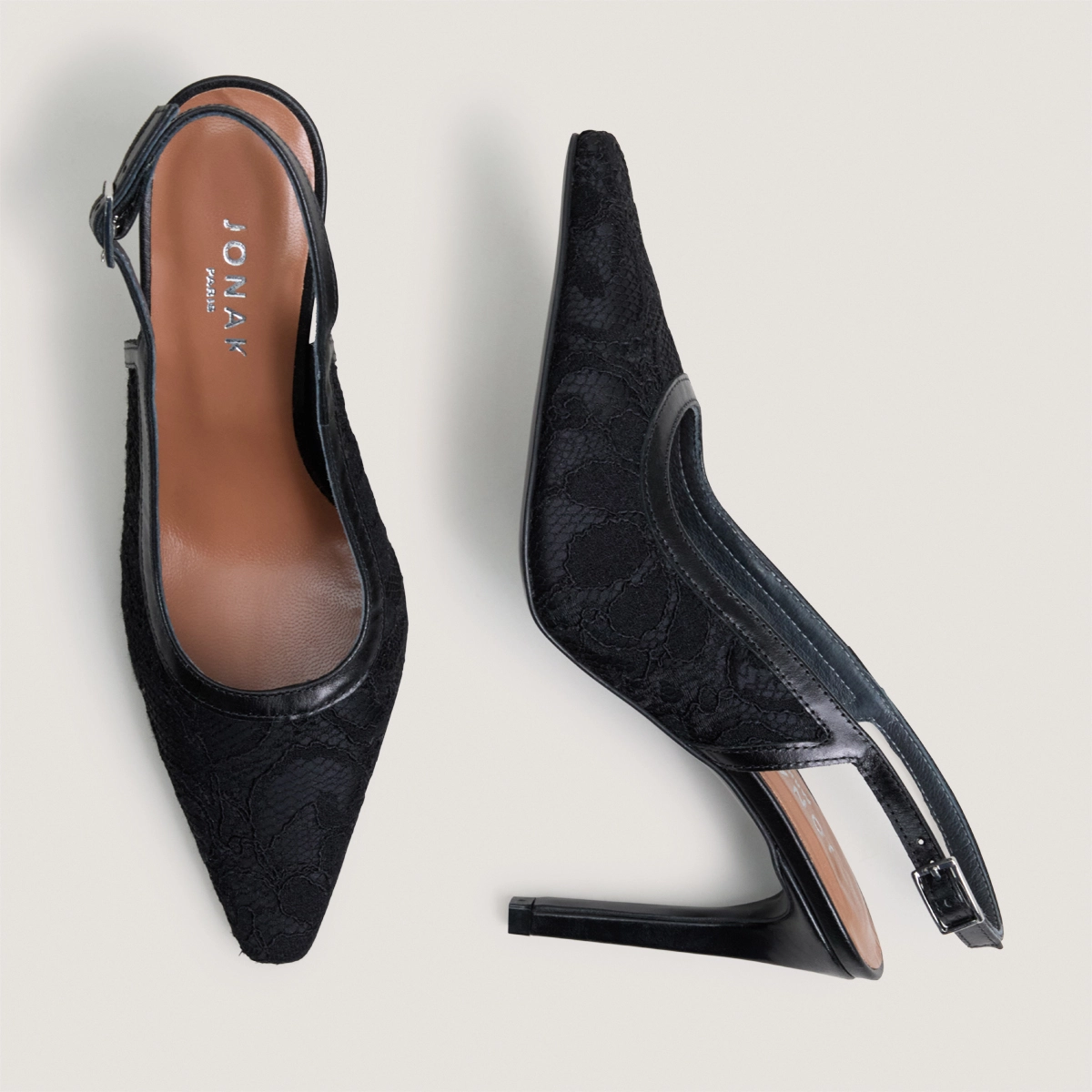 Escarpins slingbacks à bouts pointus en dentelle noire et cuir noir | DAXA | Jonak