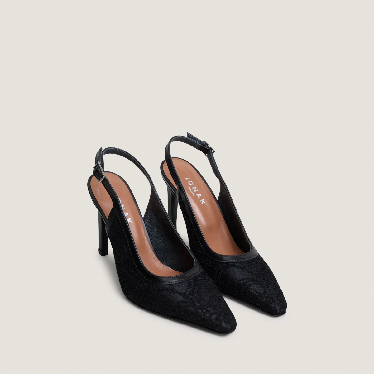 Escarpins slingbacks à bouts pointus en dentelle noire et cuir noir | DAXA | Jonak