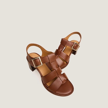 Sandales &agrave; talons carr&eacute;s et boucles ajustables en cuir cognac | ALEXANDRIE | Jonak